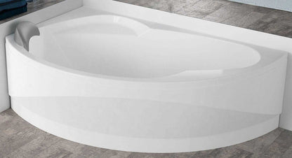 Novellini Vogue Vasca da Bagno Versione Standard Con Telaio Misura 165x85 H55 cm Forma Esterna Tonda Curva Semicircolare Asimmetrica Interna Ovale Installazione Angolo Sinistra Pannello Frontale Erogatore Cuscino Materiale Acrilico Finitura Bianco Lucido