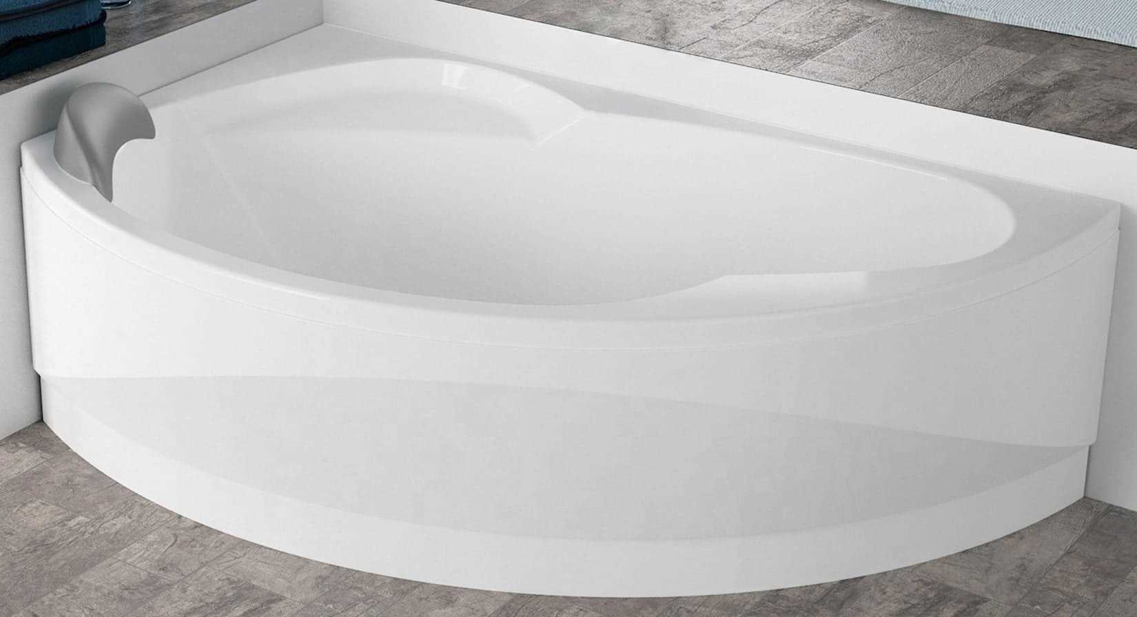 Novellini Vogue Vasca da Bagno Versione Standard Con Telaio Misura 150x85 H55 cm Forma Esterna Tonda Curva Semicircolare Asimmetrica Interna Ovale Installazione Angolare Sinistra Pannello Frontale Colonna Cuscino Materiale Acrilico Finitura Bianco Lucido