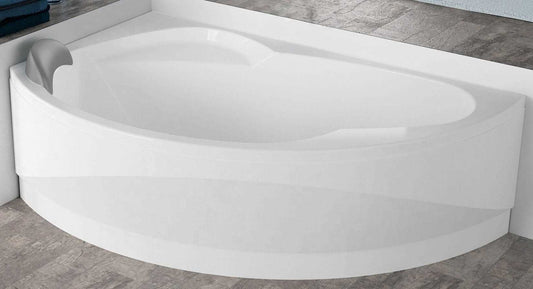 Novellini Vogue Vasca da Bagno Versione Standard Con Telaio Misura 150x85 H55 cm Forma Esterna Tonda Curva Semicircolare Asimmetrica Interna Ovale Installazione Angolare Sinistra Pannello Frontale Colonna Cuscino Materiale Acrilico Finitura Bianco Lucido