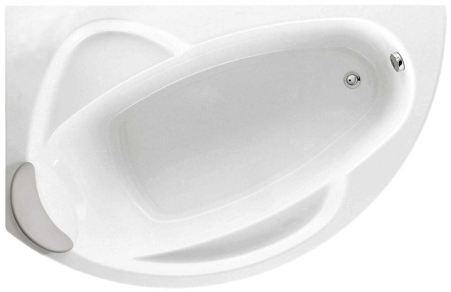 Novellini Vogue Vasca da Bagno Versione Standard Con Telaio Misura 150x85 H55 cm Forma Esterna Tonda Curva Semicircolare Asimmetrica Interna Ovale Installazione Angolo Sinistra Pannello Frontale Erogatore Cuscino Materiale Acrilico Finitura Bianco Lucido