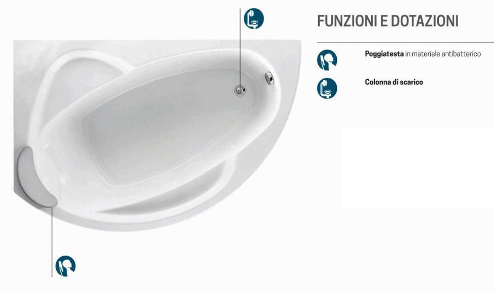 Novellini Vogue Vasca da Bagno Versione Standard Con Telaio Misura 165x85 H55 cm Forma Esterna Tonda Curva Semicircolare Asimmetrica Interna Ovale Installazione Angolare Sinistra Pannello Frontale Colonna Cuscino Materiale Acrilico Finitura Bianco Lucido