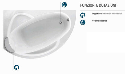 Novellini Vogue Vasca da Bagno Versione Standard Con Telaio Misura 165x85 H55 cm Forma Esterna Tonda Curva Semicircolare Asimmetrica Interna Ovale Installazione Angolare Sinistra Pannello Frontale Colonna Cuscino Materiale Acrilico Finitura Bianco Lucido