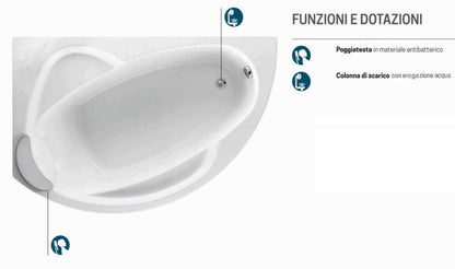 Novellini Vogue Vasca da Bagno Versione Standard Con Telaio Misura 150x85 H55 cm Forma Esterna Tonda Curva Semicircolare Asimmetrica Interna Ovale Installazione Angolo Sinistra Pannello Frontale Erogatore Cuscino Materiale Acrilico Finitura Bianco Lucido