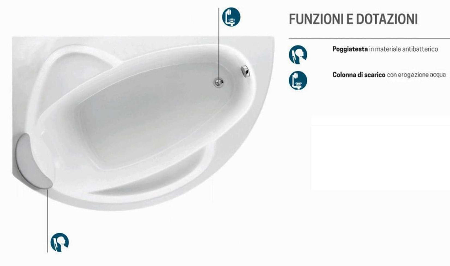 Novellini Vogue Vasca da Bagno Versione Standard Con Telaio Misura 165x85 H55 cm Forma Esterna Tonda Curva Semicircolare Asimmetrica Interna Ovale Installazione Angolo Sinistra Pannello Frontale Erogatore Cuscino Materiale Acrilico Finitura Bianco Lucido