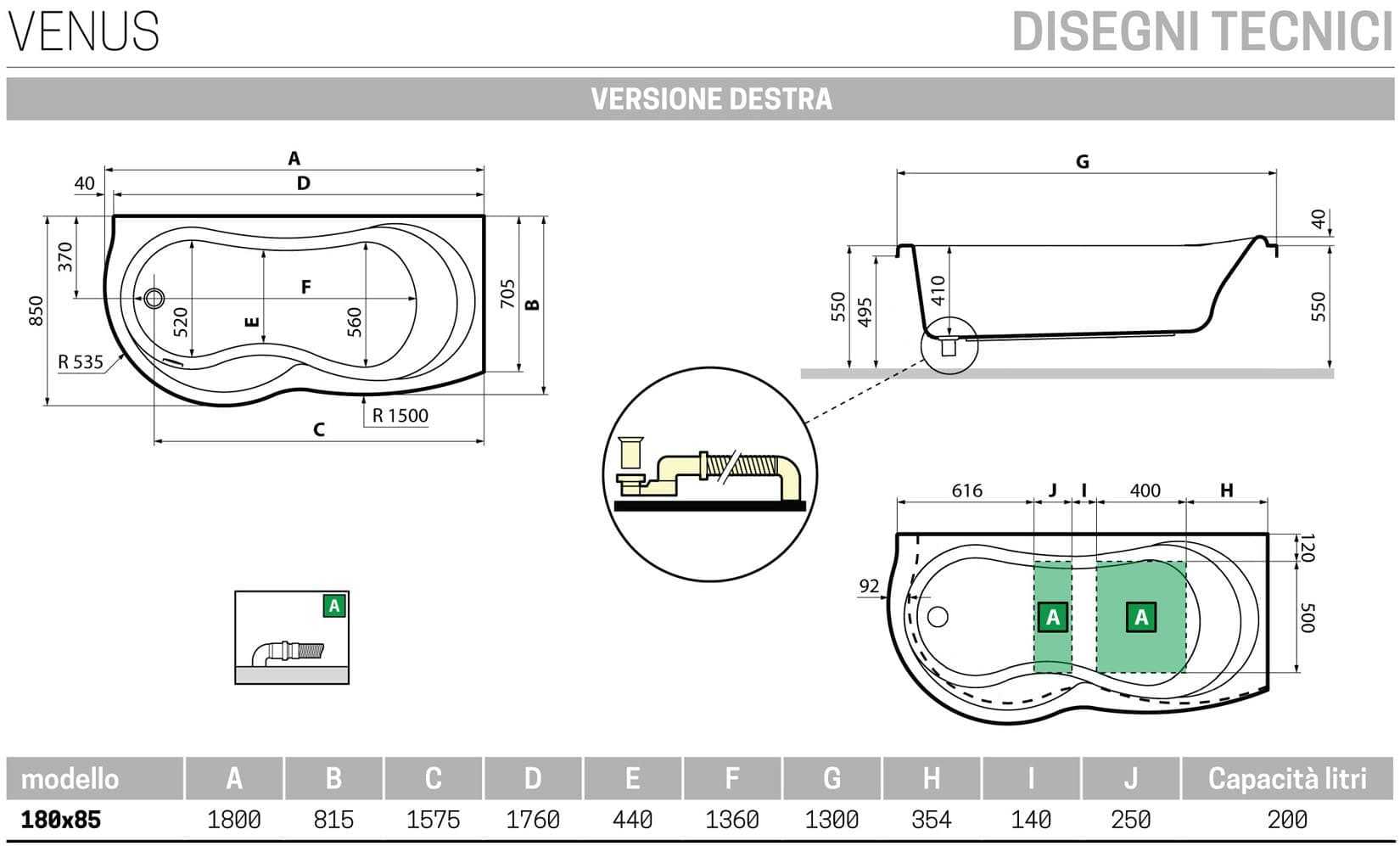 Novellini Venus Vasca da Bagno Versione Standard da Incasso Misura 180x80 / 85 H55 cm Guscio Tradizionale da Rivestire Installazione Angolo Destra Forma Esterna Curva Tonda Semicircolare Asimmetrica Interna a Otto Materiale Acrilico Colore Bianco Lucido