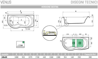 Novellini Venus Vasca da Bagno Versione Standard da Incasso Misura 180x80 / 85 H55 cm Guscio Tradizionale da Rivestire Installazione Angolo Destra Forma Esterna Curva Tonda Semicircolare Asimmetrica Interna a Otto Materiale Acrilico Colore Bianco Lucido