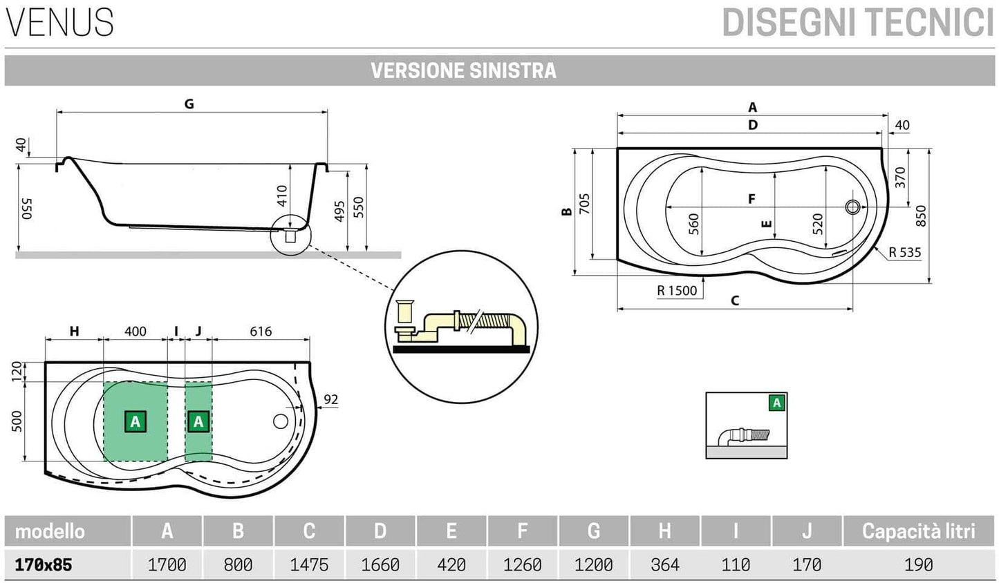 Novellini Venus Vasca da Bagno Versione Standard da Incasso Misura 170x70 / 85 H55 cm Guscio Tradizionale da Rivestire Installazione Angolo Sinistra Forma Esterna Curva Tonda Semicircolare Asimmetrica Interna a Otto Materiale Acrilico Colore Bianco Lucido