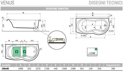 Novellini Venus Vasca da Bagno Versione Standard da Incasso Misura 180x80 / 85 H55 cm Guscio Tradizionale da Rivestire Installazione Angolo Sinistra Forma Esterna Curva Tonda Semicircolare Asimmetrica Interna a Otto Materiale Acrilico Colore Bianco Lucido