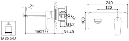 Miscelatore Lavabo Ad Incasso Con Bocca A Parete Lunghezza 177 mm Duemmeggi Omega Ottone Finitura Cromata Made in Italy Garanzia 5 Anni