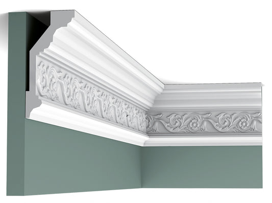 Orac Decor C303 Cornice Soffitto Parete Purotouch® Poliuretano Ad Alta Densità Bianco Resistente Agli Urti Calore Acqua Facile Da Installare Verniciabile Pretrattata Primer Acrilico Impermeabile Per Interno ed Esterno Ambienti Umidi Misura 200x14,4x6,5 cm