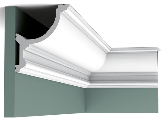 Orac Decor C901 Cornice Soffitto Parete Purotouch® Poliuretano Ad Alta Densità Bianco Resistente Agli Urti Calore Acqua Illuminazione Indiretta Verniciabile Pretrattata Primer Acrilico Impermeabile Per Interno Esterno Ambienti Umidi Misura 200x14,8x12,3cm
