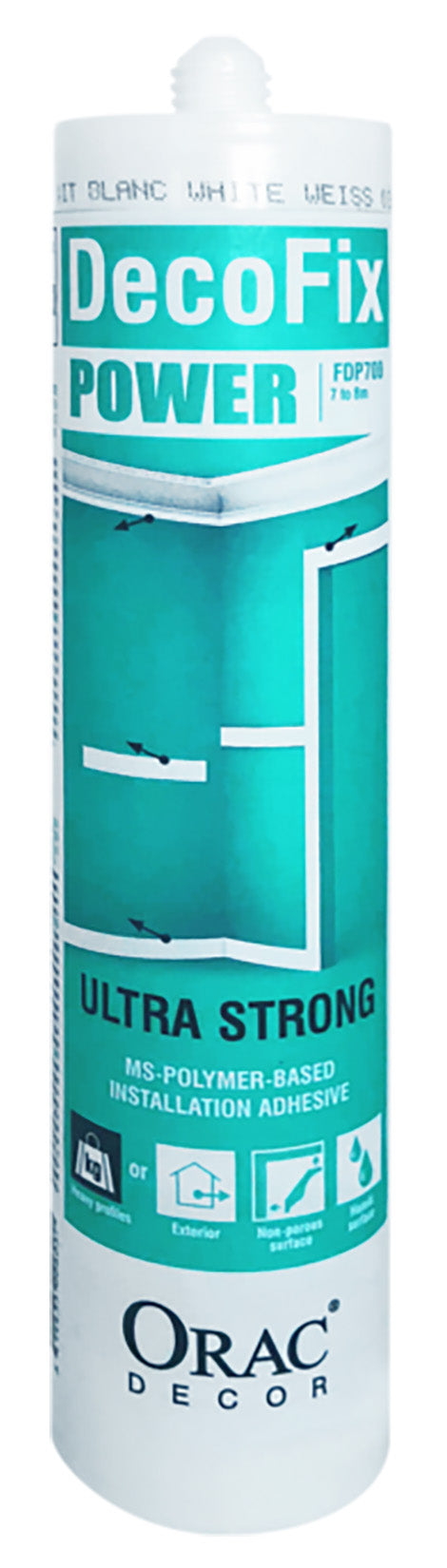 Orac Decor FDP700 Decofix Power 290 ml Collante Bianco Per Installazione Posa All'Esterno Ambienti Umidi Colla Base Polimeri MS Extra Forte Specifico Per Bagni Superfici Lisce Non Porose Piastrelle Vetro