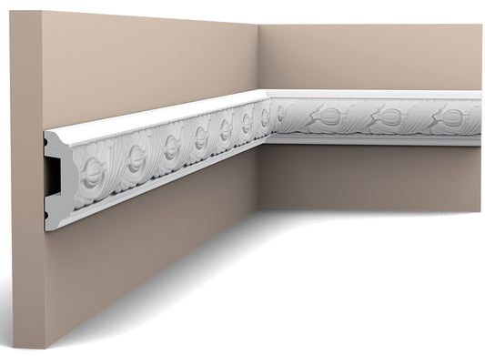 Orac Decor P1020 Cornice Profilo Parete Purotouch® Poliuretano Ad Alta Densità Bianco Resistente Agli Urti Calore Acqua Facile Da Installare Verniciabile Pretrattata Primer Acrilico Impermeabile Per Interno ed Esterno Ambienti Umidi Misura 200x4,9x2,4 cm