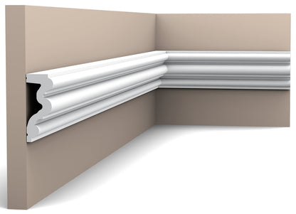 Orac Decor P4025 Cornice Profilo Parete Purotouch® Poliuretano Ad Alta Densità Bianco Resistente Agli Urti Calore Acqua Facile Da Installare Verniciabile Pretrattata Primer Acrilico Impermeabile Per Interno ed Esterno Ambienti Umidi Misura 200x8,3x3,4 cm
