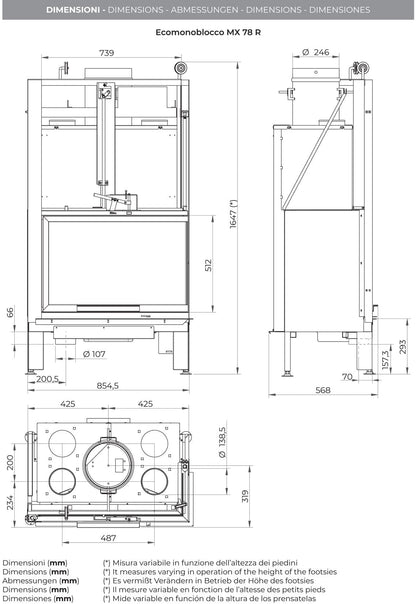 Palazzetti MX 78 R Angolo DX Camino Legna Aria Calda Convezione Circolazione Naturale Canalizzabile Riscaldamento Irraggiamento Potenza 16,7 kW Apertura Porta Scorrimento Versione Angolare Destro Materiale Focolare Ghisa Refrattario Misura 85x55x165 cm