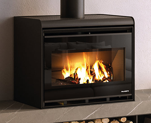 Palazzetti Asia 80 Stufa Legna Aria Calda Convezione Naturale Riscaldamento Irraggiamento Potenza 12,4 Kw Rivestimento Acciaio Colore Nero Focolare Thermofix® Forma Compatta Canalizzazione Esterna Aria Comburente Uscita Fumi Superiore L78xP53,5xH64 cm