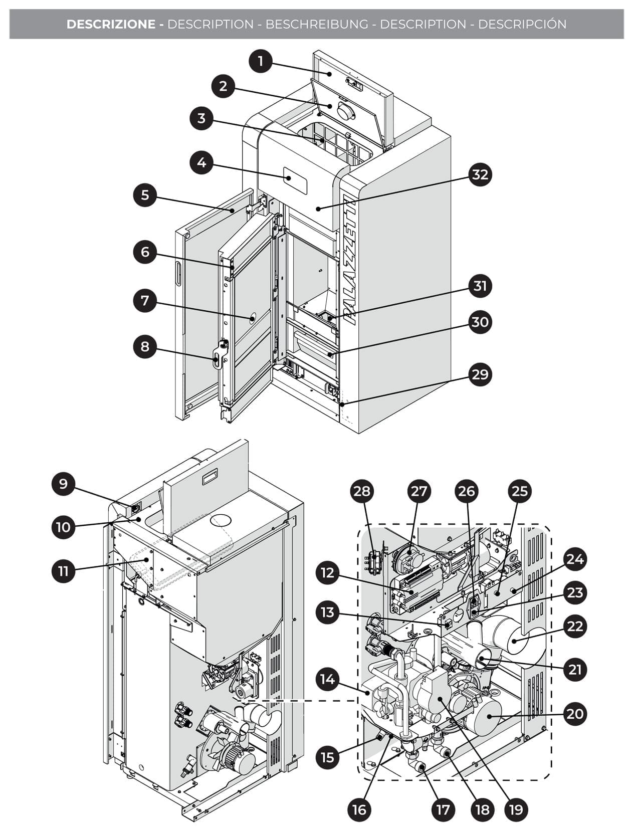Palazzetti Caldaia JP 21 ACS Pellet Ermetica Acqua Calda Sanitaria Focolare Tubi Fumo Turbolatori 22,3Kw Riscaldamento Termosifoni Gruppo Idraulico Valvola Anticondensa Display Touch Programma Orario Combustione Totale Autopulizia Braciere Aria Comburente