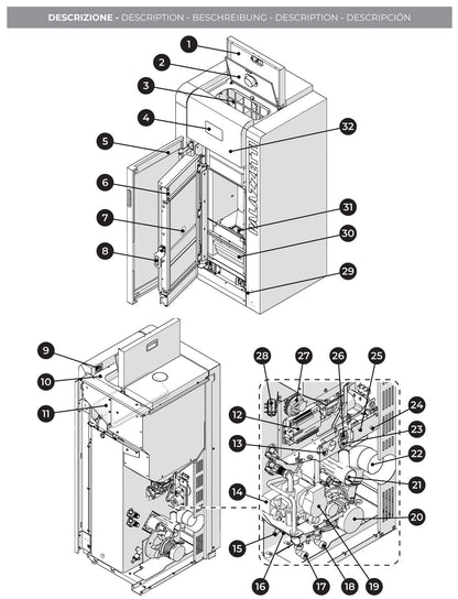 Palazzetti Caldaia JP 21 ACS Pellet Ermetica Acqua Calda Sanitaria Focolare Tubi Fumo Turbolatori 22,3Kw Riscaldamento Termosifoni Gruppo Idraulico Valvola Anticondensa Display Touch Programma Orario Combustione Totale Autopulizia Braciere Aria Comburente