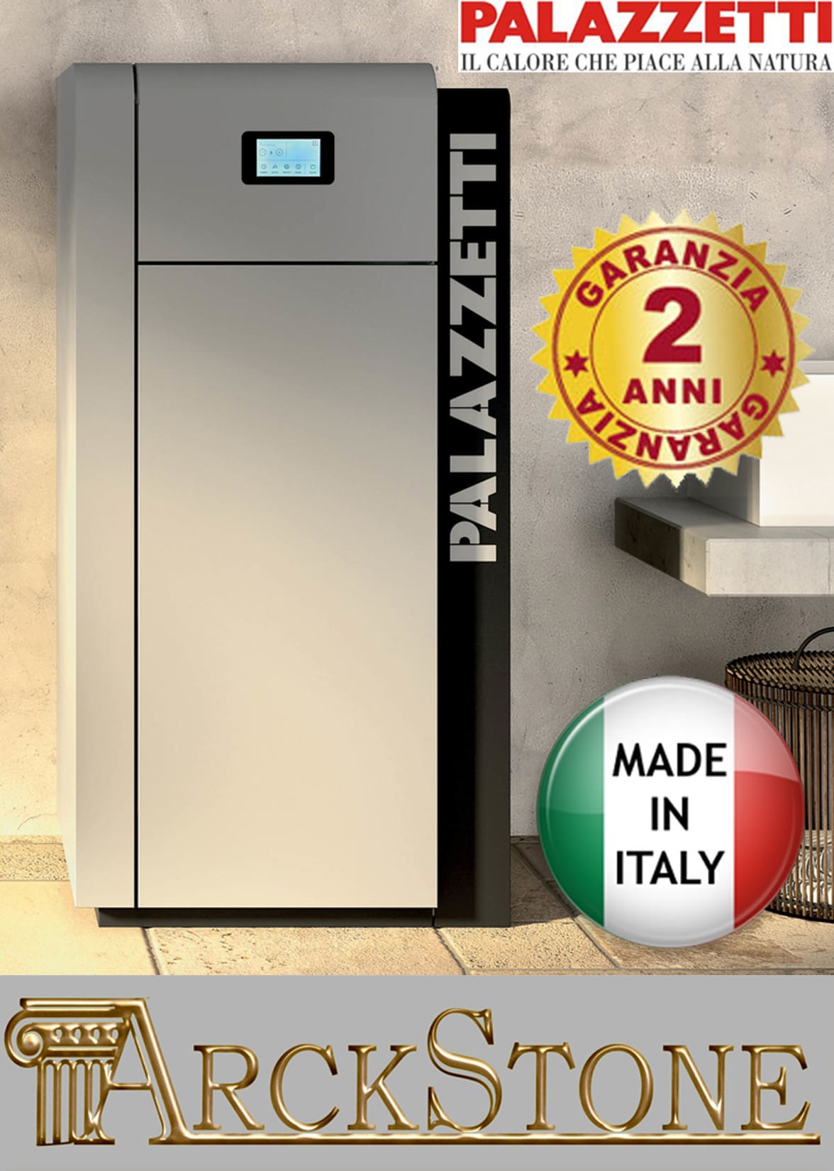 Palazzetti Caldaia JP 21 ACS Pellet Ermetica Acqua Calda Sanitaria Focolare Tubi Fumo Turbolatori 22,3Kw Riscaldamento Termosifoni Gruppo Idraulico Valvola Anticondensa Display Touch Programma Orario Combustione Totale Autopulizia Braciere Aria Comburente