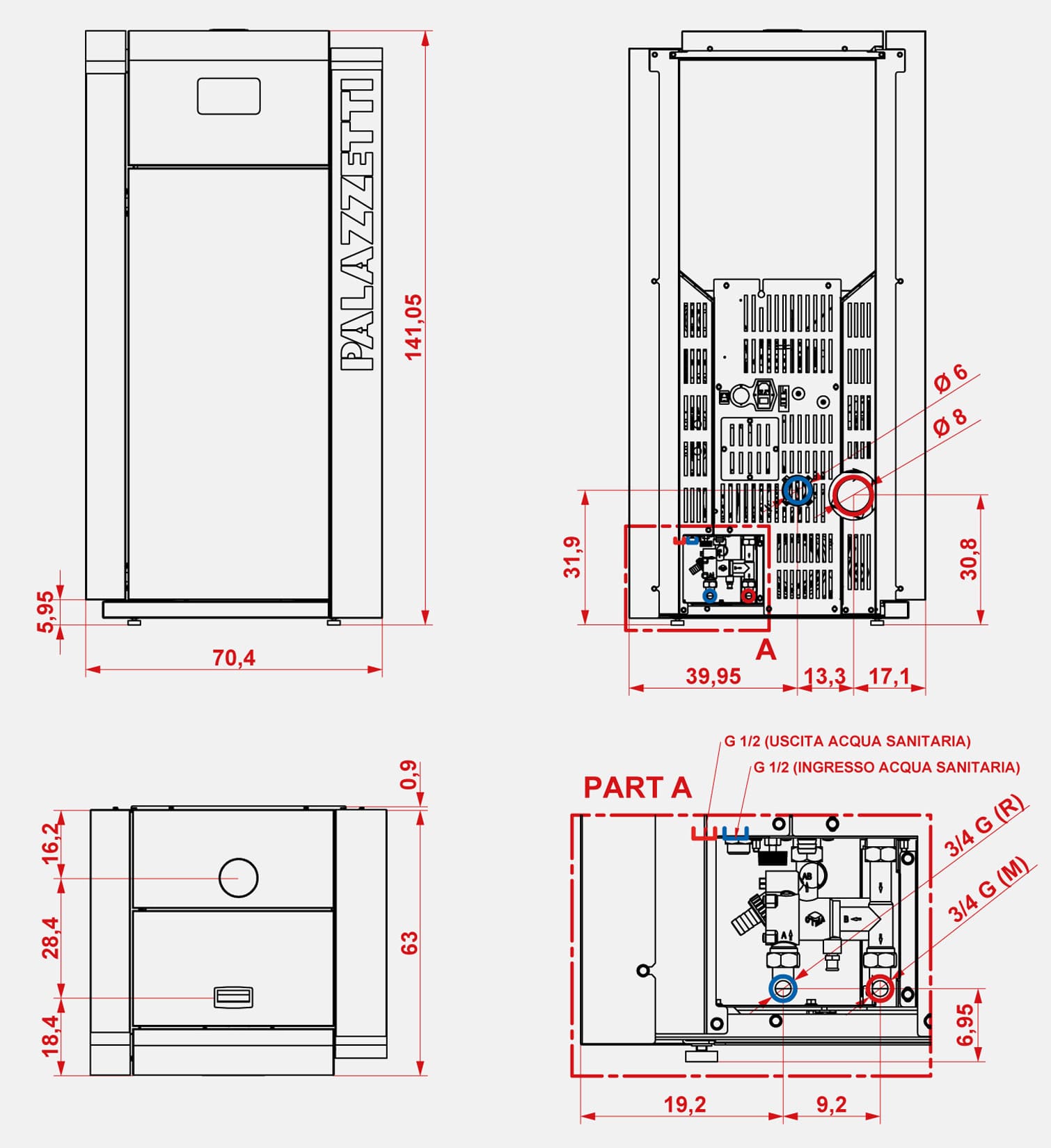Palazzetti Caldaia JP 21 ACS Pellet Ermetica Acqua Calda Sanitaria Focolare Tubi Fumo Turbolatori 22,3Kw Riscaldamento Termosifoni Gruppo Idraulico Valvola Anticondensa Display Touch Programma Orario Combustione Totale Autopulizia Braciere Aria Comburente
