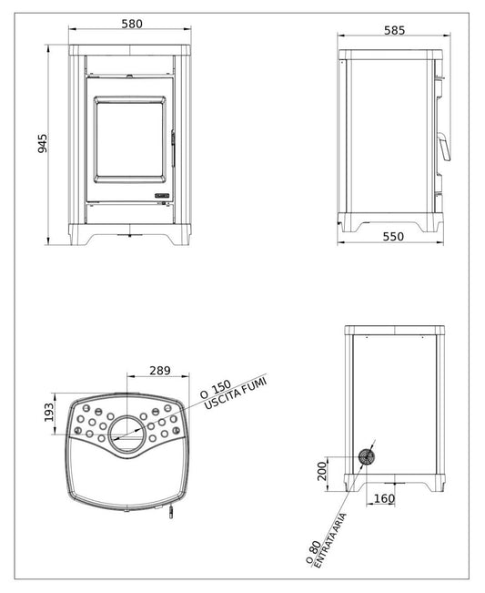 Palazzetti Charlotte 10G Stufa Legna Aria Calda Convezione Naturale Riscaldamento Irraggiamento Potenza 10,4 Kw Rivestimento Acciaio Colore Nero Focolare Magnofix Top Basamento Ghisa Cassetto Cenere Estraibile Uscita Fumi Superiore L58xP55xH95 cm