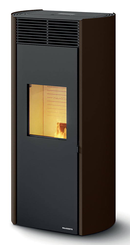 Palazzetti Clelia 13 Stufa Pellet Ermetica Aria Calda Ventilata Frontale Regolabile Potenza 13,2 Kw Rivestimento Acciaio Stondato Moka Uscita Fumi Posteriore Vetro Ceramico Sistema Autopulizia Pannello Digitale Controllo Sfioro Braciere Ghisa Cassetto