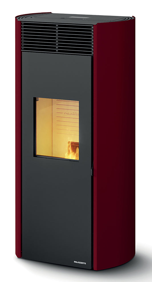 Palazzetti Clelia 13 Stufa Pellet Ermetica Aria Calda Ventilata Frontale Regolabile Potenza 13,2 Kw Rivestimento Acciaio Stondato Rosso Uscita Fumi Posteriore Vetro Ceramico Sistema Autopulizia Pannello Digitale Controllo Sfioro Braciere Ghisa Cassetto
