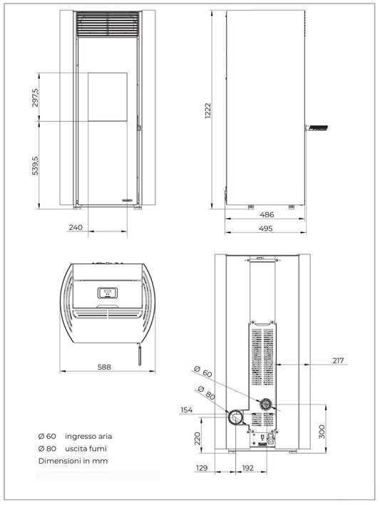 Palazzetti Clelia TC 9 Stufa Pellet Ermetica Aria Calda Ventilata Frontale Regolabile Potenza 9,3 Kw Rivestimento Acciaio Stondato Rosso Uscita Fumi Posteriore Sistema Combustione Totale Pulizia Automatica Braciere Ghisa Vetro Ceramico Cassetto Cenere