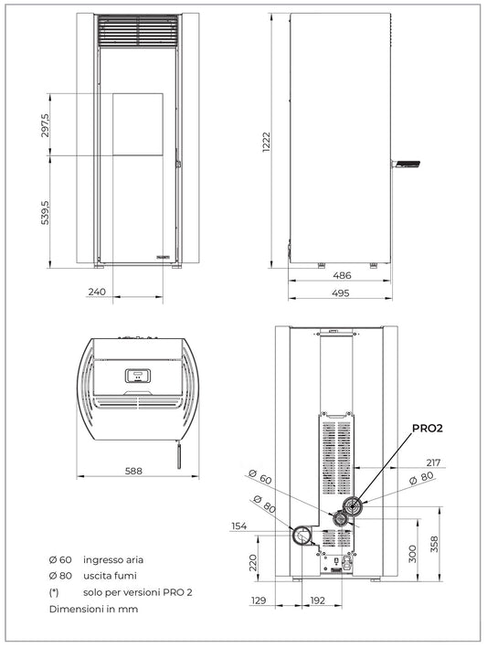 Palazzetti Clelia TC 9 Pro 2 Stufa Pellet Ermetica Aria Ventilata Frontale Regolabile Canalizzata 2 Ventilatori Indipendenti 9Kw Acciaio Moka Uscita Fumi Posteriore Vetro Ceramico Sistema Autopulizia Pannello Digitale Controllo Sfioro Braciere Cassetto