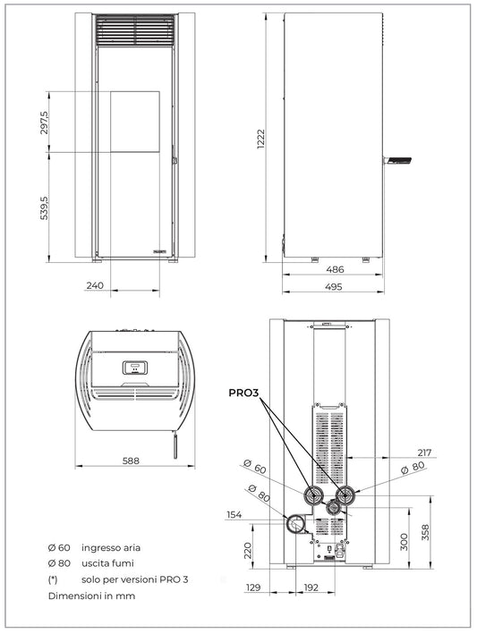 Palazzetti Clelia TC 13 Pro 3 Stufa Pellet Ermetica Aria Ventilata Frontale Regolabile Canalizzata 3 Ventilatori Indipendenti 13 Kw Acciaio Rosso Uscita Posteriore Vetro Ceramico Sistema Auto Pulizia Pannello Digitale Controllo Sfioro Braciere Cassetto