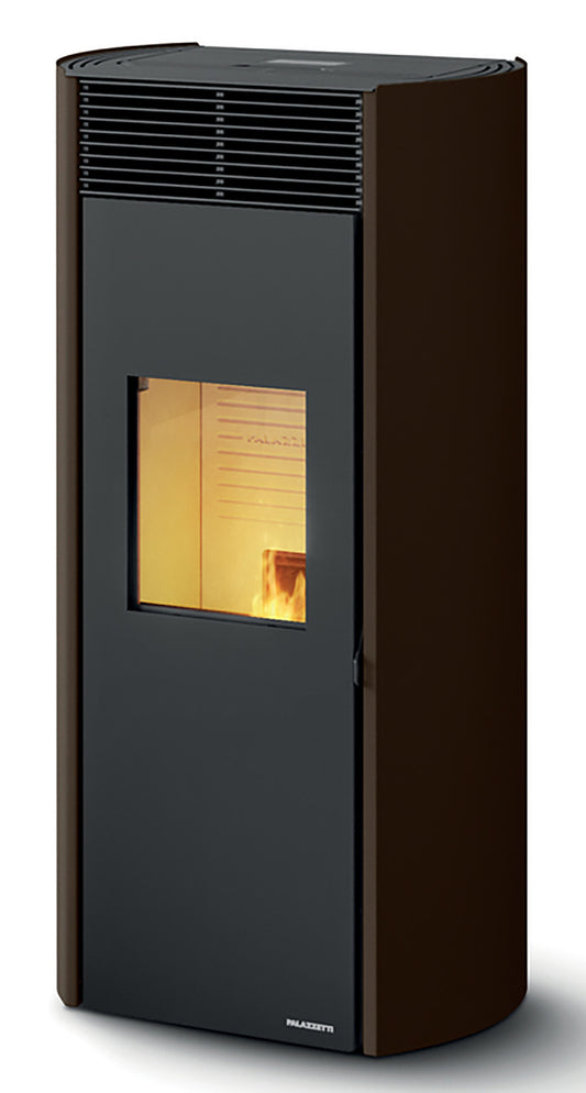 Palazzetti Clelia TC 13 Pro 3 Stufa Pellet Ermetica Aria Ventilata Frontale Regolabile Canalizzata 3 Ventilatori Indipendenti 13 Kw Acciaio Moka Uscita Posteriore Vetro Ceramico Sistema Auto Pulizia Pannello Digitale Controllo Sfioro Braciere Cassetto