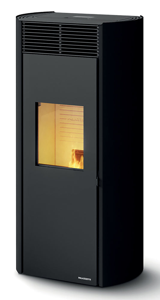 Palazzetti Clelia TC 13 Pro 3 Stufa Pellet Ermetica Aria Ventilata Frontale Regolabile Canalizzata 3 Ventilatori Indipendenti 13 Kw Acciaio Nero Uscita Posteriore Vetro Ceramico Sistema Auto Pulizia Pannello Digitale Controllo Sfioro Braciere Cassetto