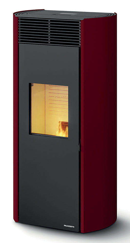 Palazzetti Clelia TC 13 Stufa Pellet Ermetica Aria Calda Ventilata Frontale Regolabile Potenza 13 Kw Rivestimento Acciaio Stondato Rosso Uscita Fumi Posteriore Sistema Combustione Totale Pulizia Automatica Braciere Ghisa Vetro Ceramico Cassetto Cenere