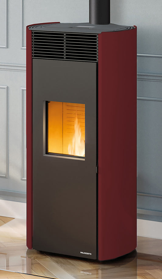 Palazzetti Clelia TC 12 US Pro 2 Stufa Pellet Ermetica Aria Ventilata Canalizzata Regolabile 12Kw 2 Ventilatori Indipendenti Acciaio Rosso Forma Circolare Uscita Fumi Coassiale Superiore Combustione Totale Pulizia Automatica Braciere L59xP60xH122 cm