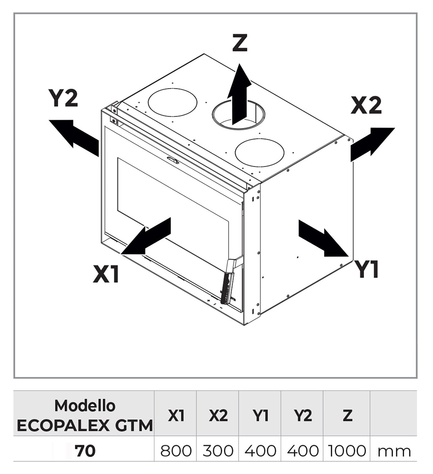 Palazzetti Ecopalex GTM70 Inserto Camino Caminetto Da Inserimento Legna Aria Calda Convezione Naturale Canalizzabile Potenza 9 Kw Focolare Thermofix® Base Ghisa Maniglia Amovibile Cassetto Cenere Estraibile Deflettore Fumi Automatico Misura 62x50x50 cm