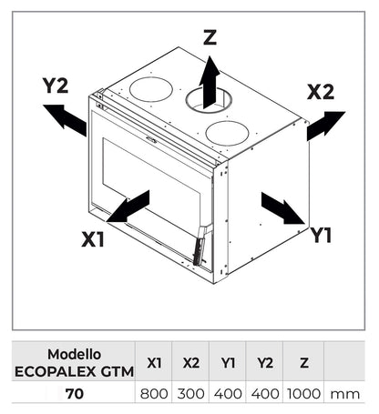 Palazzetti Ecopalex GTM70 Inserto Camino Caminetto Da Inserimento Legna Aria Calda Convezione Naturale Canalizzabile Potenza 9 Kw Focolare Thermofix® Base Ghisa Maniglia Amovibile Cassetto Cenere Estraibile Deflettore Fumi Automatico Misura 62x50x50 cm