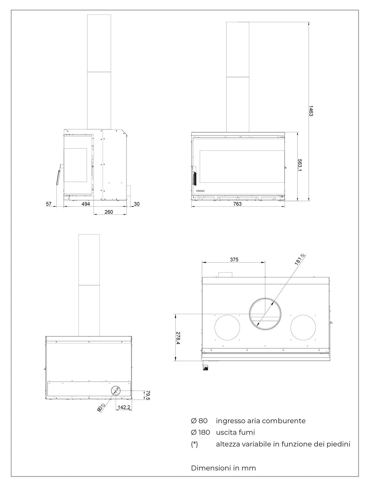 Palazzetti Ecopalex GTM80R Angolo Destro Inserto Camino Inserimento Legna Aria Convezione Naturale Canalizzabile Potenza 12,4 Kw Focolare Thermofix® Base Ghisa Maniglia Amovibile Cassetto Cenere Estraibile Deflettore Fumi Automatico Misura 76x52x56 cm