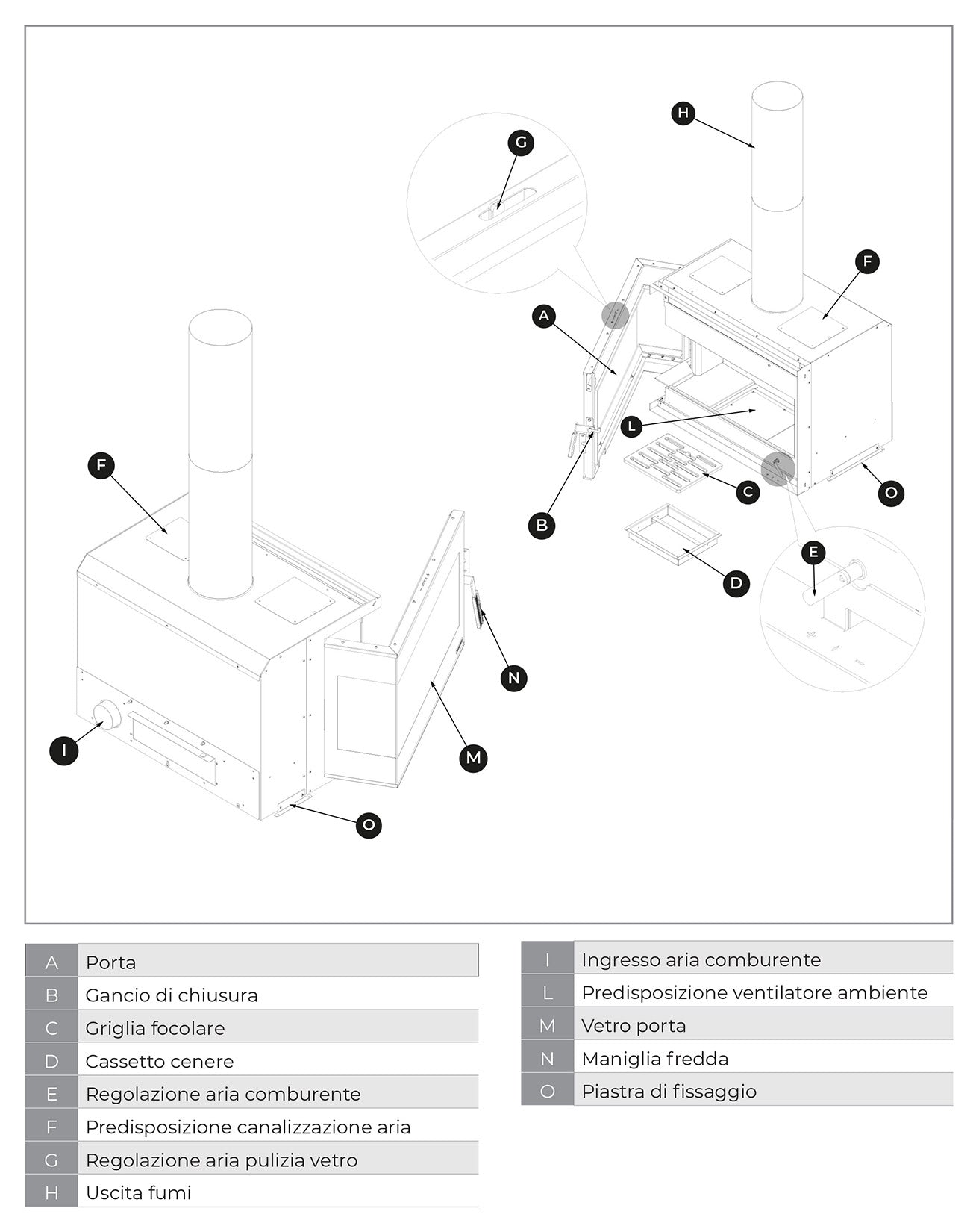 Palazzetti Ecopalex GTM80L Angolo Sinistro Inserto Camino Inserimento Legna Aria Convezione Naturale Canalizzabile Potenza 12,4 Kw Focolare Thermofix® Base Ghisa Maniglia Amovibile Cassetto Cenere Estraibile Deflettore Fumi Automatico Misura 76x52x56 cm