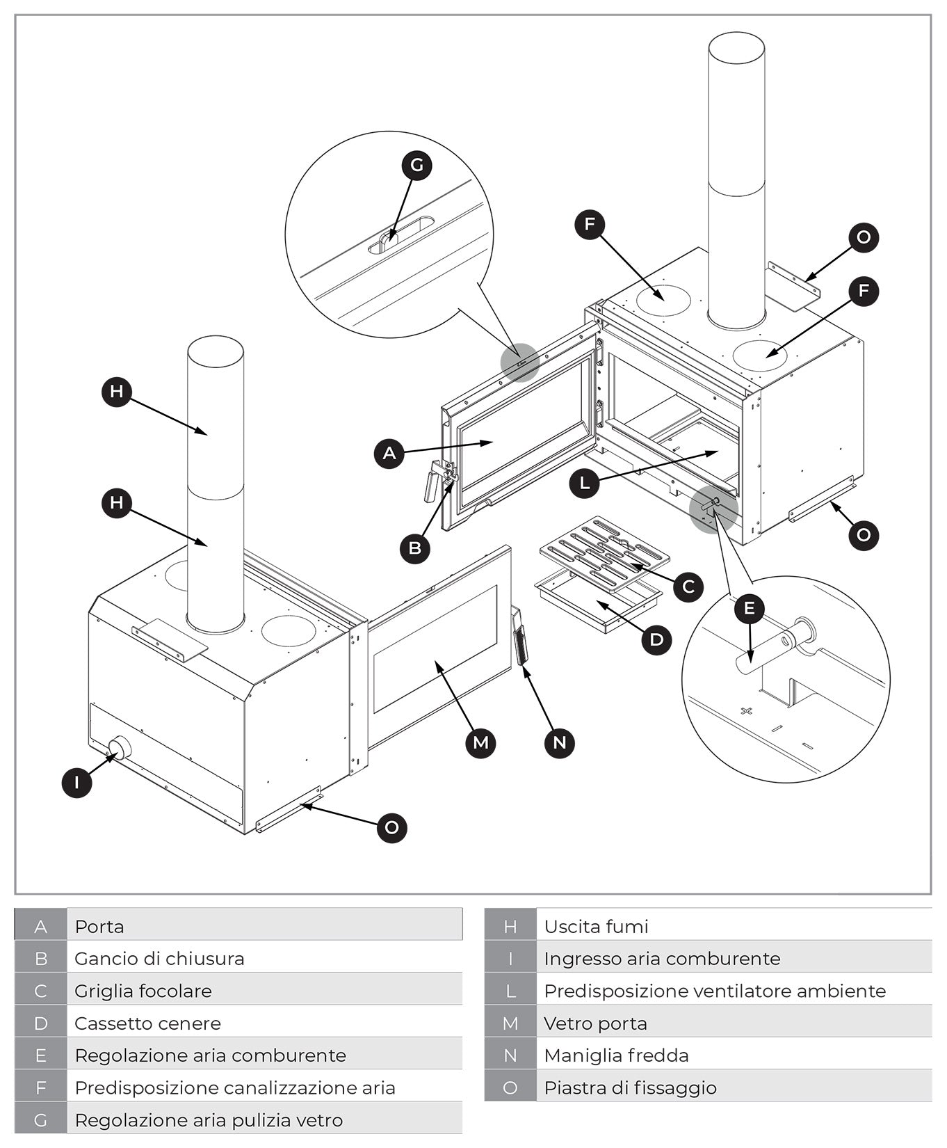 Palazzetti Ecopalex GTM90 Inserto Camino Caminetto Da Inserimento Legna Aria Calda Convezione Naturale Canalizzabile Potenza 13,5 Kw Focolare Thermofix® Base Ghisa Maniglia Amovibile Cassetto Cenere Estraibile Deflettore Fumi Automatico Misura 83x59x63 cm