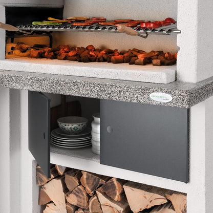 Palazzetti in Giardino Faro New Barbecue con Cappa in Metallo Antracite Legna Carboni Focolare Reversibile Grezzo Cemento Refrattario Top Marmotech Grigio Fuoco Griglia Cottura Braciere Portalegna Piano Lavoro Incluso di Kit di Montaggio 154x113 H237 cm