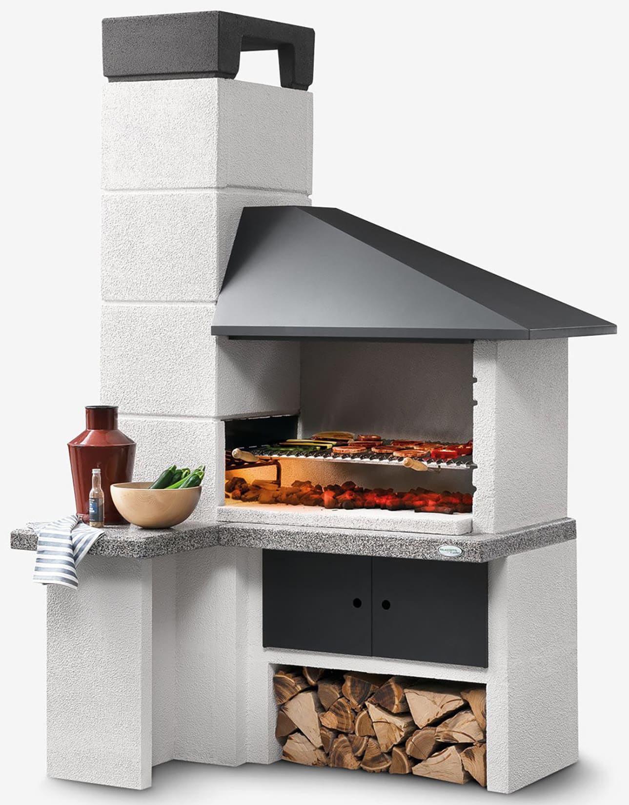 Palazzetti in Giardino Faro New Barbecue con Cappa in Metallo Antracite Legna Carboni Focolare Reversibile Grezzo Cemento Refrattario Top Marmotech Grigio Fuoco Griglia Cottura Braciere Portalegna Piano Lavoro Incluso di Kit di Montaggio 154x113 H237 cm