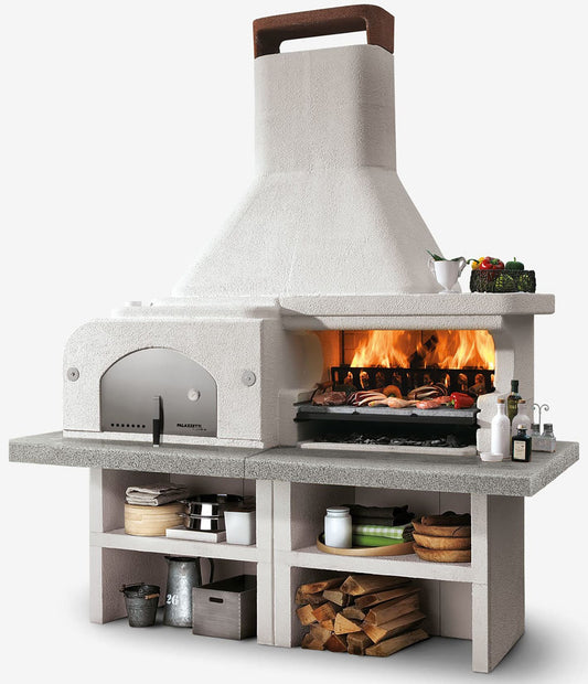 Palazzetti in Giardino Gargano 3 Con Forno e Top Grigio Barbecue Legna Carbonelle Focolare Rinforzato Cemento Refrattario Piano Cottura Focolare Rinforzato Area Grill Cassetto Cenere Braciere Sottocappa Incluso Kit Montaggio e Verniciatura 204x95 H267 cm