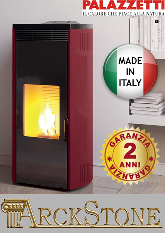 Palazzetti Giorgia 9 Stufa Pellet Aria Calda Ventilata Frontale Potenza 9 Kw Rivestimento Acciaio Colore Rosso Top Ghisa Uscita Fumi Posteriore Ventilatore Regolabile Pannello Digitale Controllo Sfioro Programma Fasce Orarie Scambiatore Braciere Cassetto