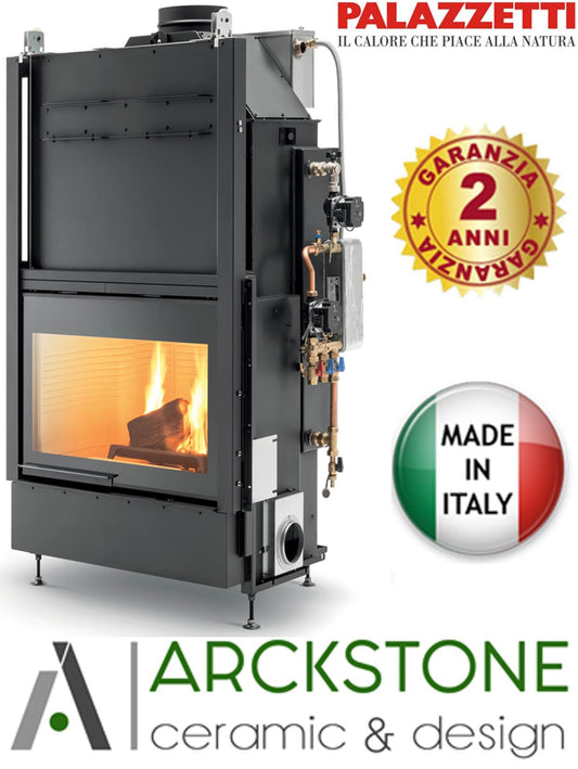 Palazzetti HWT S78F FASTR ACS Frontale Termocamino Ecomonoblocco Legna Riscaldamento Acqua Radiatori Potenza 34,3 Kw Vaso Aperto Focolare Refrattario Thermofix® Apertura Porta Scorrimento Ribalta Gruppo Idraulico Destra Separazione Impianto 106x69x171 cm