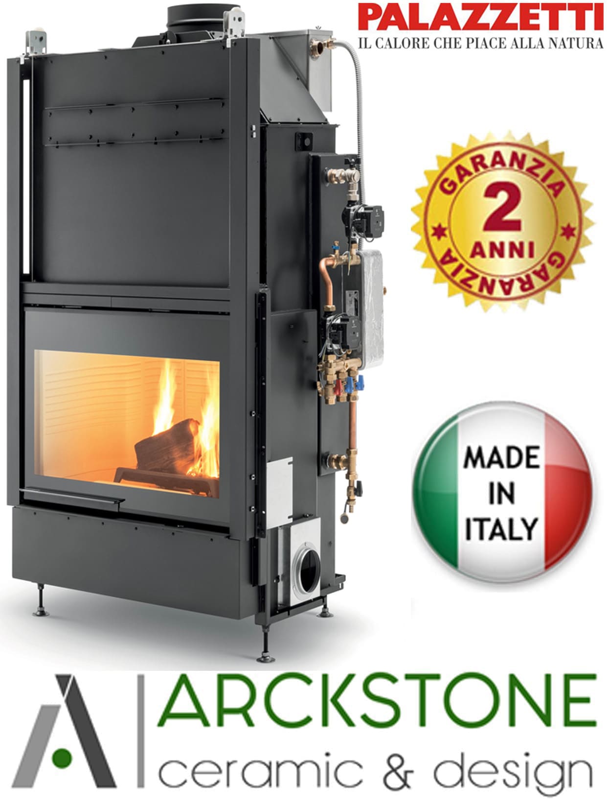 Palazzetti HWT S78F FASTR Frontale Termocamino Ecomonoblocco Legna Riscaldamento Acqua Radiatori Potenza 34,3 Kw Vaso Aperto Acciaio Focolare Refrattario Thermofix® Apertura Porta Scorrimento Ribalta Gruppo Idraulico DX Separazione Impianto 106x69x171 cm