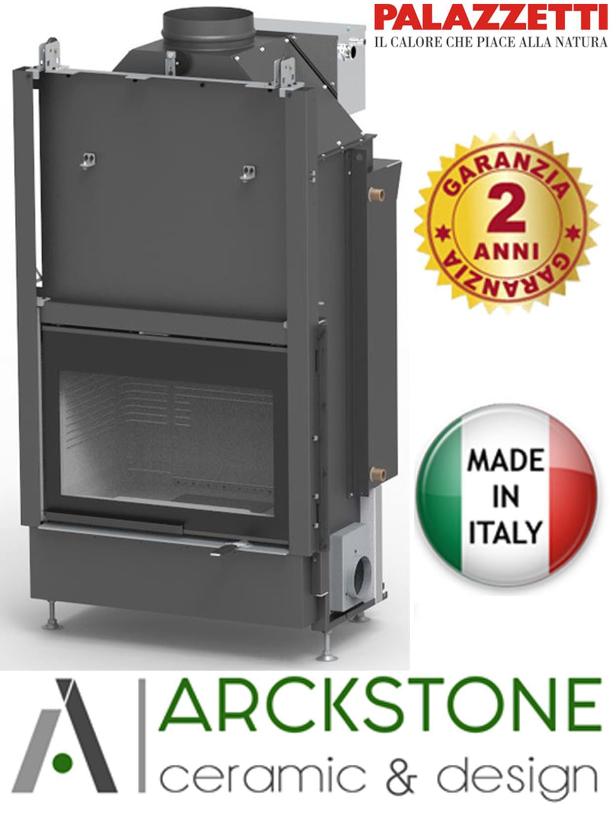 Palazzetti HWT S78F Frontale Termocamino Ecomonoblocco Legna Riscaldamento Acqua Termosifoni Potenza 34,3 Kw Vaso Aperto Acciaio Focolare Refrattario Thermofix® Apertura Porta Scorrimento Ribalta Scambiatore Portalegna Valvola By - Pass Misura 90x69x171cm