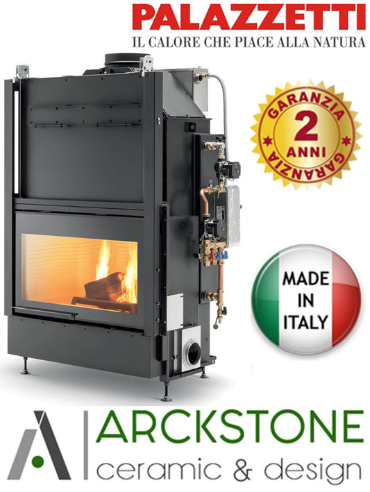 Palazzetti HWT S86F FASTR ACS Frontale Termocamino Ecomonoblocco Legna Riscaldamento Acqua Radiatori Potenza 33,5 Kw Vaso Aperto Focolare Refrattario Thermofix® Apertura Porta Scorrimento Ribalta Gruppo Idraulico Separazione Impianto Misura 115x80x172 cm