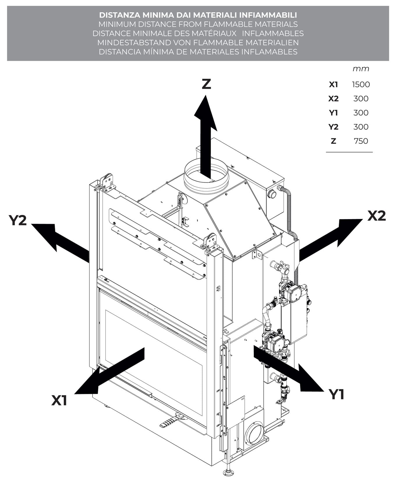 Palazzetti HWT S86F FASTR Frontale Termocamino Ecomonoblocco Legna Riscaldamento Acqua Radiatori Potenza 33,5 Kw Vaso Aperto Acciaio Focolare Refrattario Thermofix® Apertura Porta Scorrimento Ribalta Gruppo Idraulico DX Separazione Impianto 115x80x172 cm
