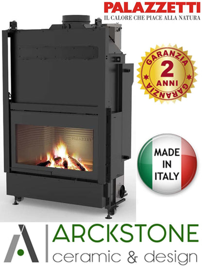 Palazzetti HWT S86F Frontale Termocamino Ecomonoblocco Legna Riscaldamento Acqua Termosifoni Potenza 33,5 Kw Vaso Aperto Acciaio Focolare Refrattario Thermofix® Apertura Porta Scorrimento Ribalta Scambiatore Portalegna Valvola By - Pass 100x80x172 cm