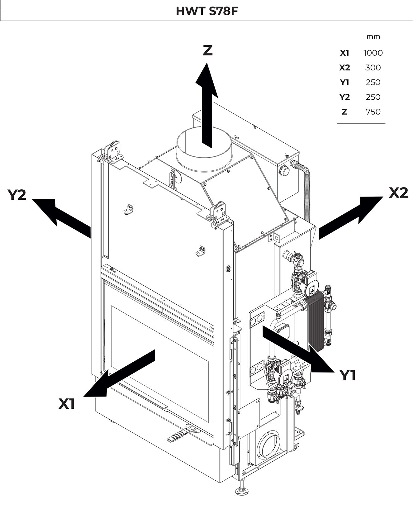 Palazzetti HWT S78F FASTR Frontale Termocamino Ecomonoblocco Legna Riscaldamento Acqua Radiatori Potenza 34,3 Kw Vaso Aperto Acciaio Focolare Refrattario Thermofix® Apertura Porta Scorrimento Ribalta Gruppo Idraulico DX Separazione Impianto 106x69x171 cm